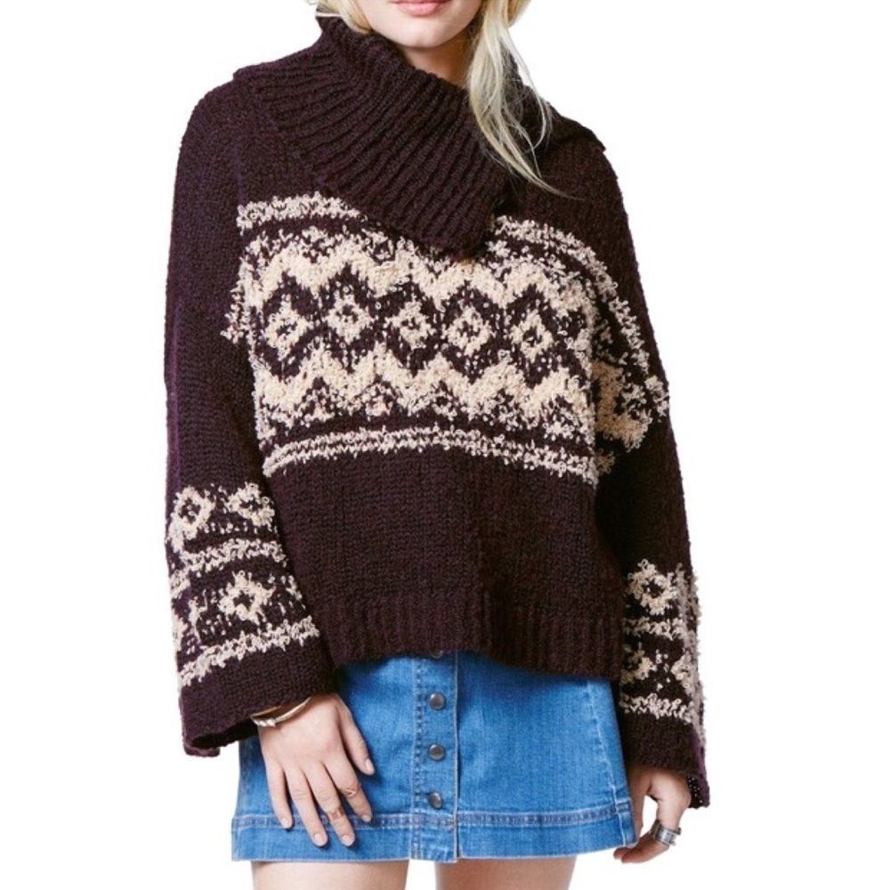 Free People purple and peach fair isle split neck sweater